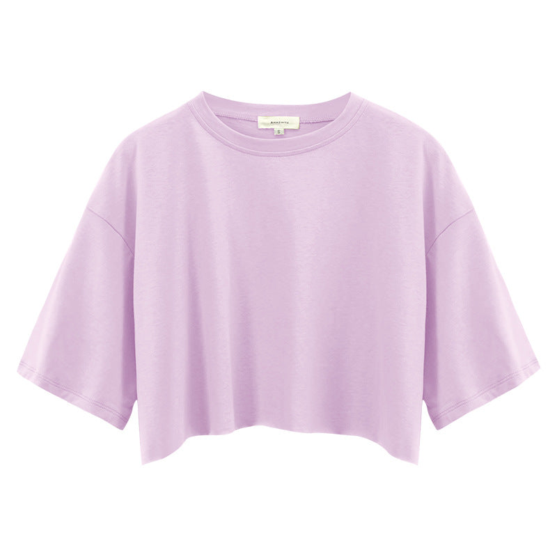 Internet celebrity babes short-sleeved T-shirt women's new cotton T-shirt solid color short navel crew neck sports top tide
