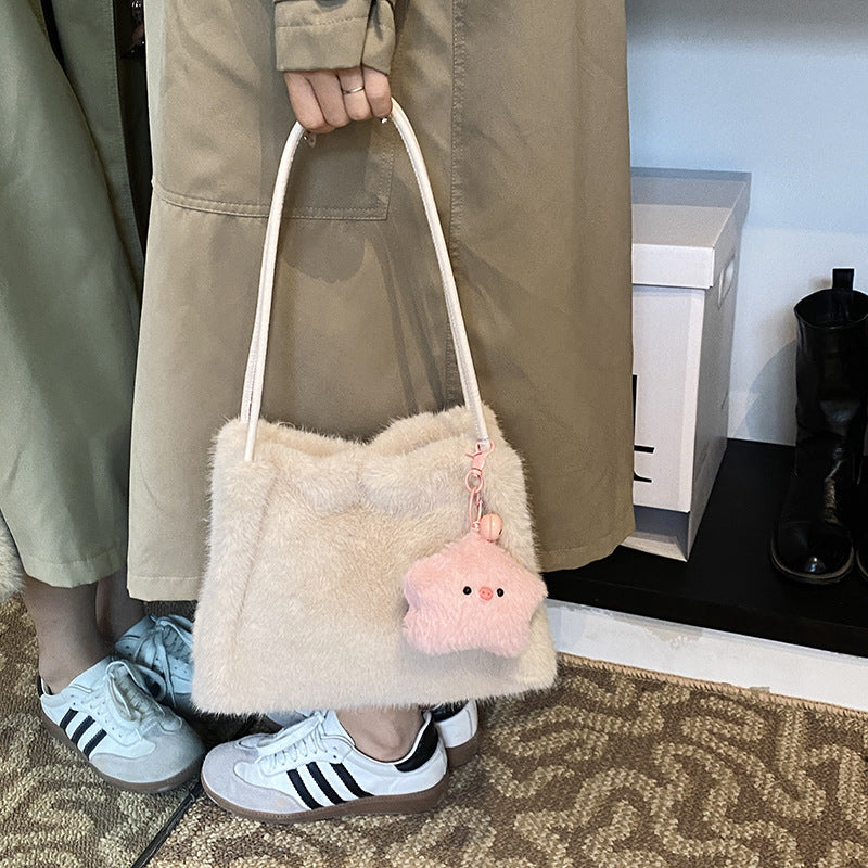 SIXSR 2025 Korean version of fashion plush tote bag popular new large-capacity cute star shoulder bag fluffy girl hand bag