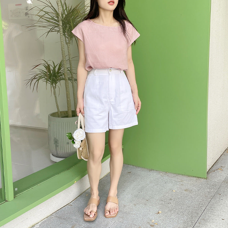 New fresh pure linen top, short round neck sleeveless slim-fitting simple daily versatile T-shirt casual outer wear women
