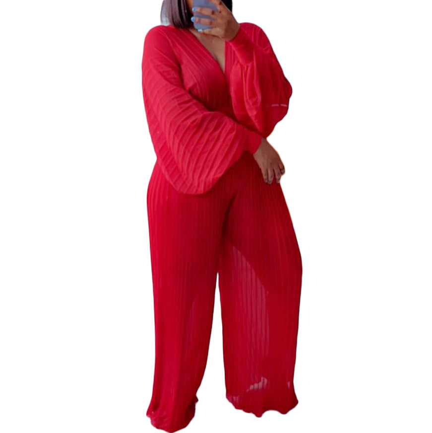 SIXSR D232 popular summer new pleated chiffon see-through V-neck top wide-leg pants set 2025 two-piece set