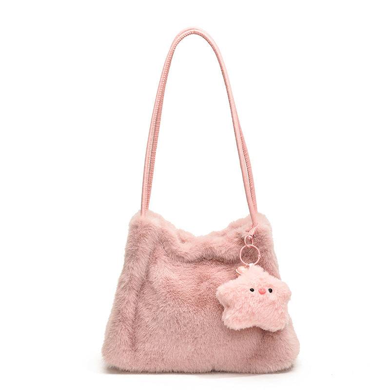 SIXSR 2025 Korean version of fashion plush tote bag popular new large-capacity cute star shoulder bag fluffy girl hand bag