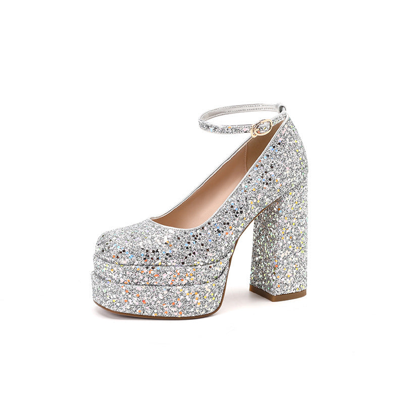 2025 Thick heel waterproof table high heels red wedding shoes wedding dress Xiuhe two wear bridal crystal shoes banquet dress shoes
