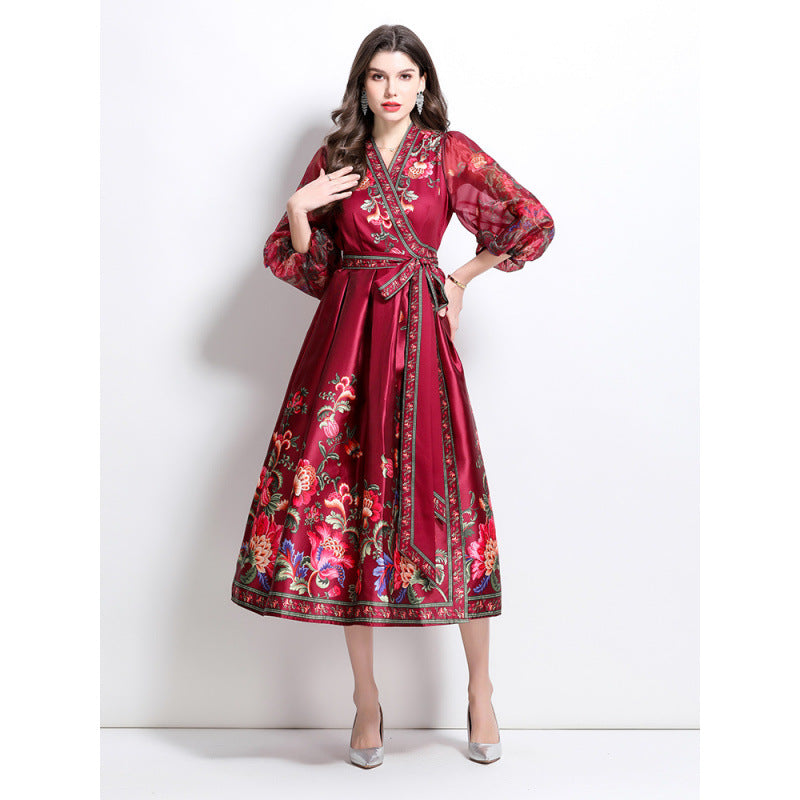 retro court style dress women's autumn and winter lace-up waist V-neck lantern sleeve printed pendulum dress