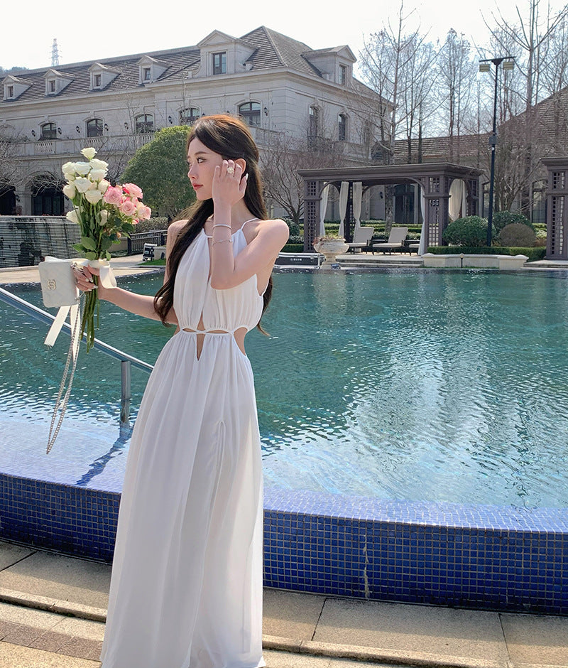 2025 Thailand Sanya travel photo beach dress seaside vacation dress pure desire sexy hollow white suspender dress