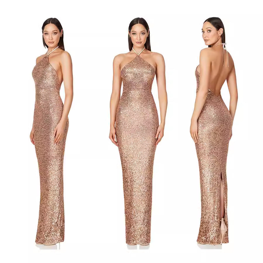 SIXSR 2025 women's sleeveless Spice Girls dress split sequined collar party evening dress wholesale