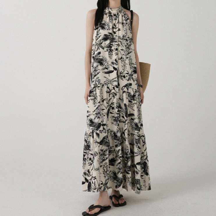 2025 Neck off-the-shoulder long floral dress for women's summer new retro national style ink painting slim long skirt