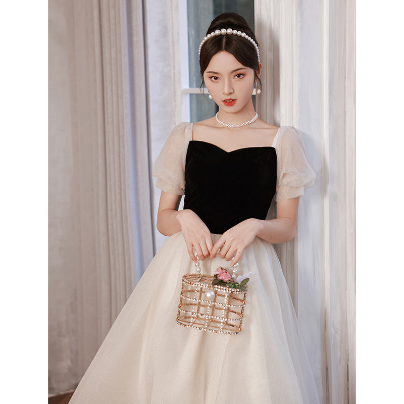 evening dress women's new black velvet small bubble sleeve long dress fairy temperament banquet dress