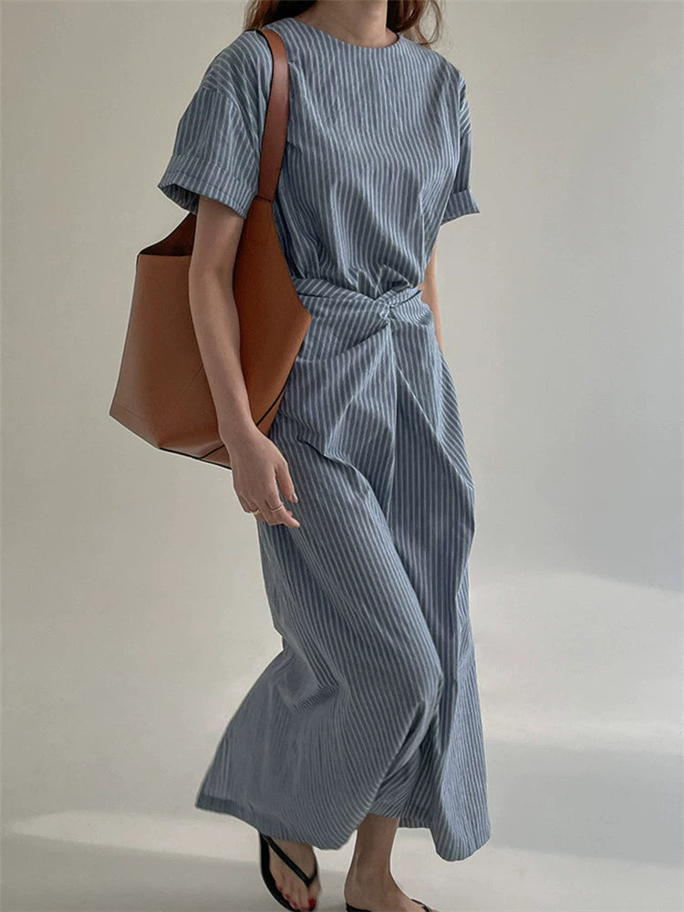 Design cross-strap waist dress women's summer new thin fashion short-sleeved striped long skirt