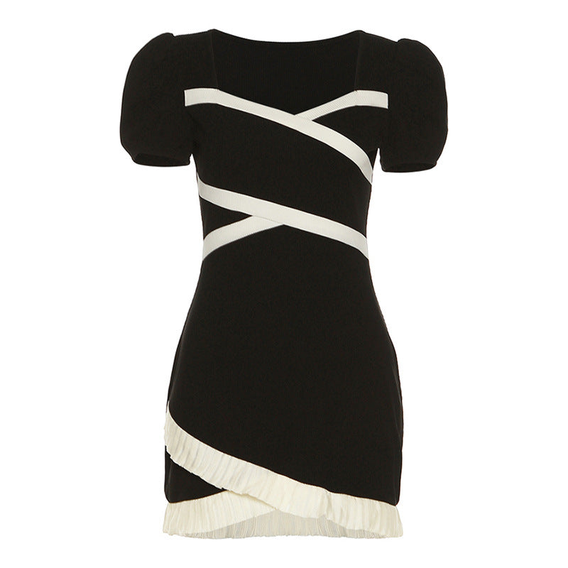 2022 2025 style New autumn new women's clothing solid color slim-fitting high-waisted fashion lace square neck short-sleeved dress