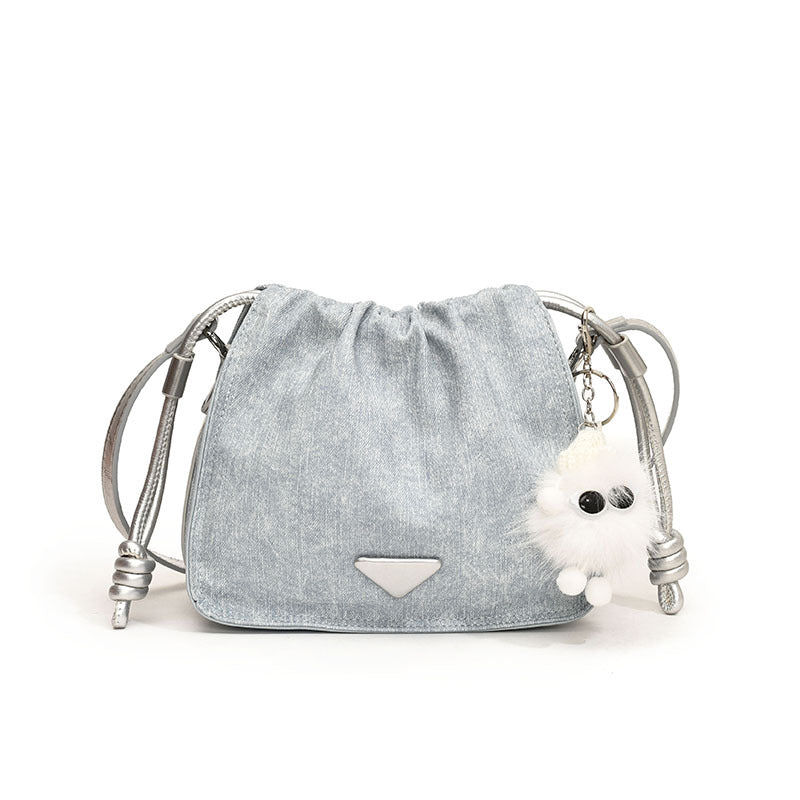 SIXSR 2025 Small bag women's popular new trendy pleated solid color shoulder messenger bag popular denim casual drawstring bucket bag