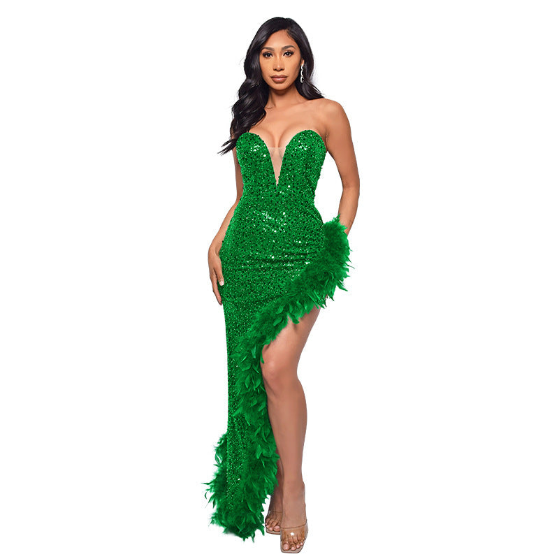 SIXSR 2025 OEM women's summer skirt high-end long dress 2025 trade tube top backless sequined feather dress wholesale