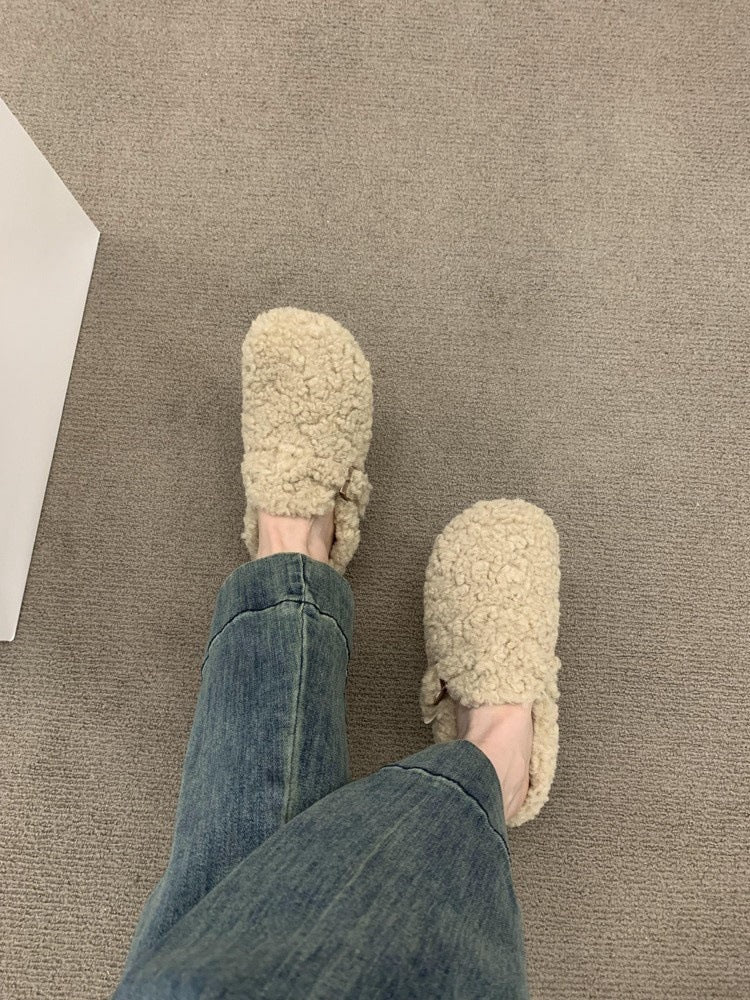 2025 Internet celebrity fairy wind white fluffy shoes female outer wear lazy one pedal warm plush bag head half slippers