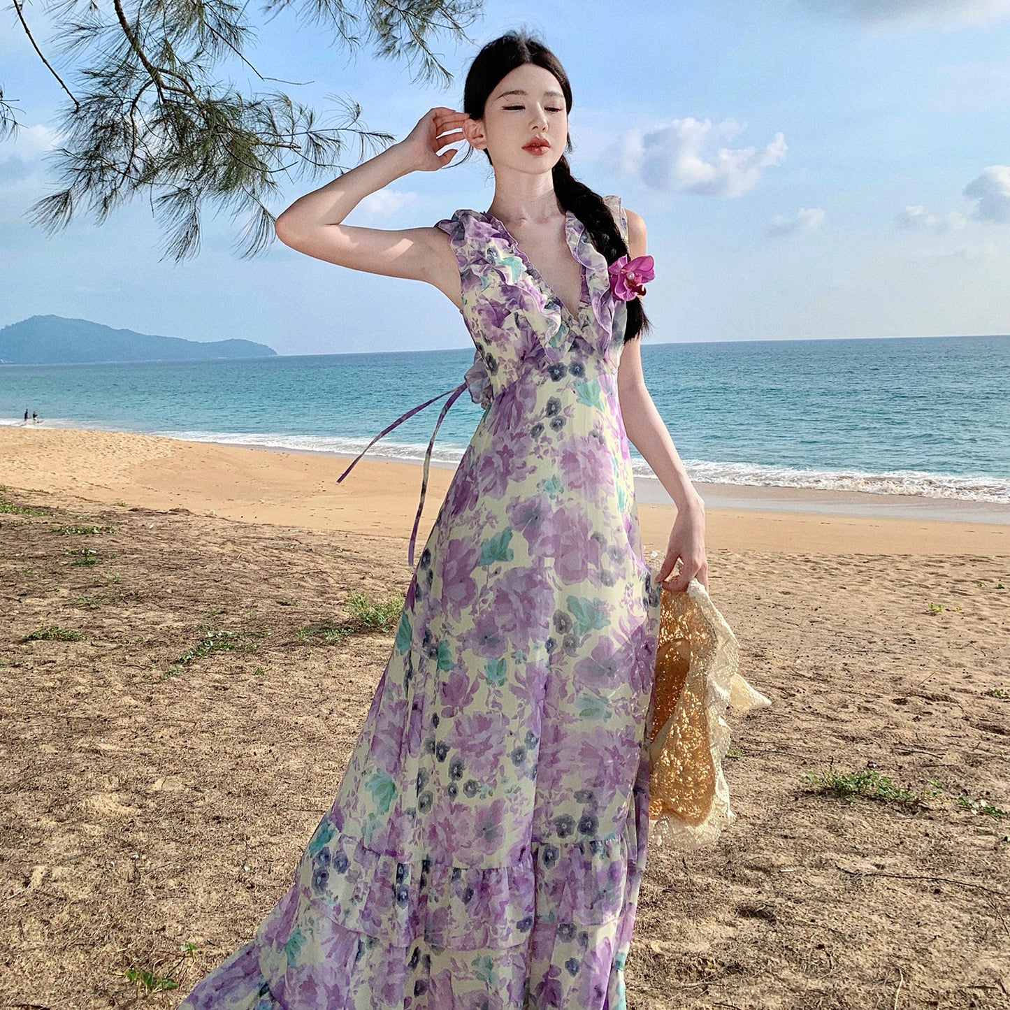 2025 coffee break fairy long dress temperament sweet and floral dress female summer lotus leaf edge skirt vacation long dress