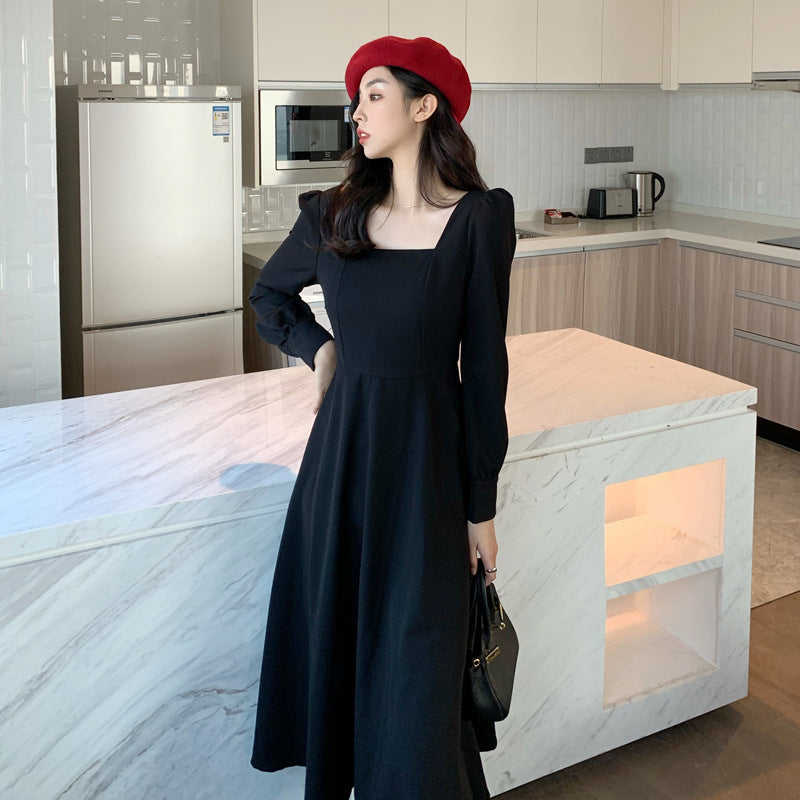 2025 Spring Korean Women's Black Dress Square Neck Retro Hepburn Style Long Dress Long Sleeve Black Dress