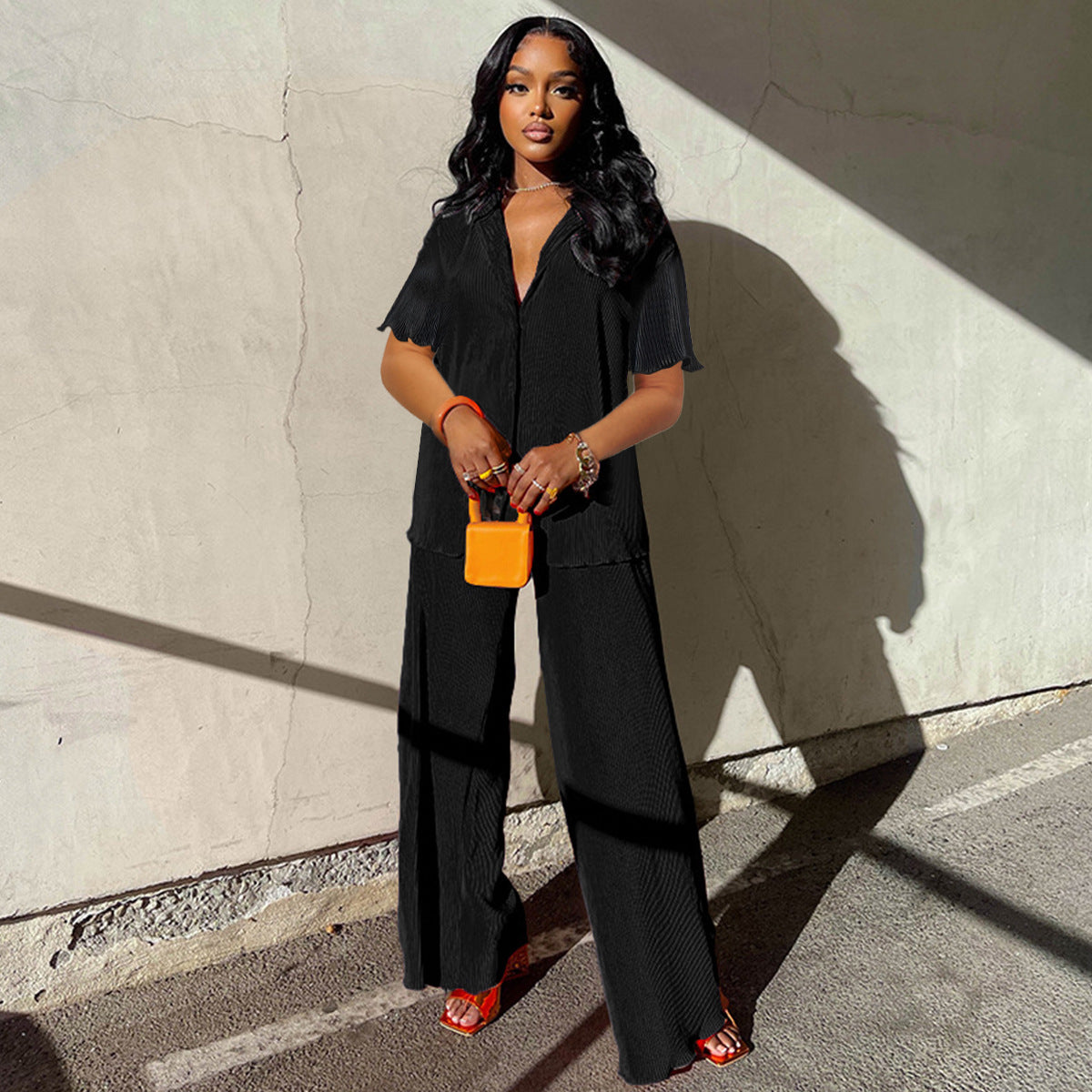 SIXSR T126 Europe and America loose and casual spring and summer fashion pleated short-sleeved shirt wide-leg trousers two-piece set
