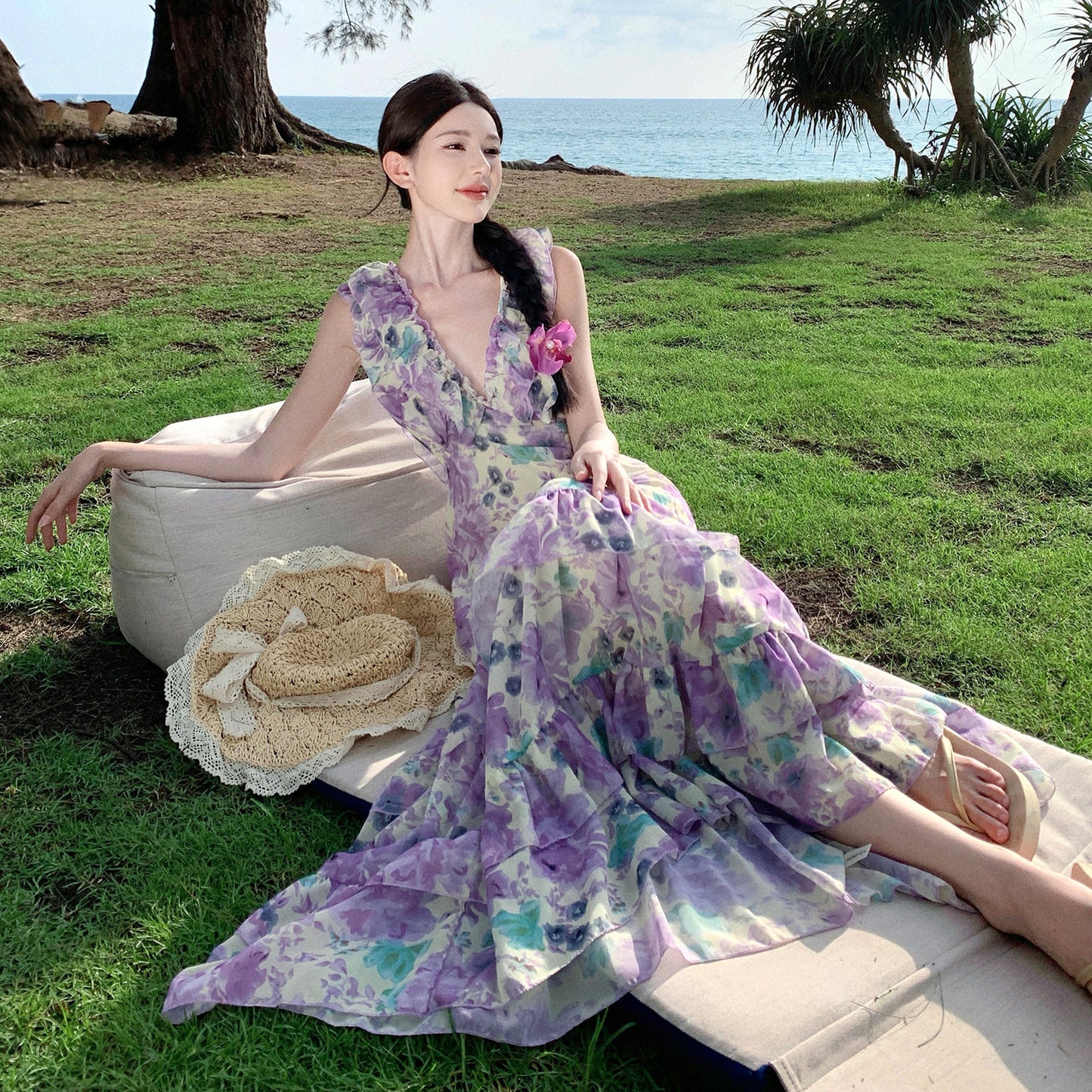 2025 coffee break fairy long dress temperament sweet and floral dress female summer lotus leaf edge skirt vacation long dress