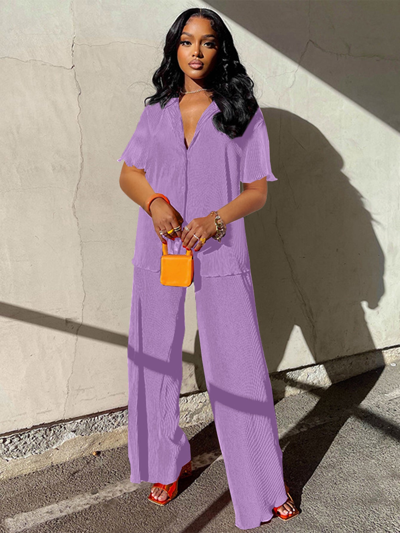 SIXSR T126 Europe and America loose and casual spring and summer fashion pleated short-sleeved shirt wide-leg trousers two-piece set