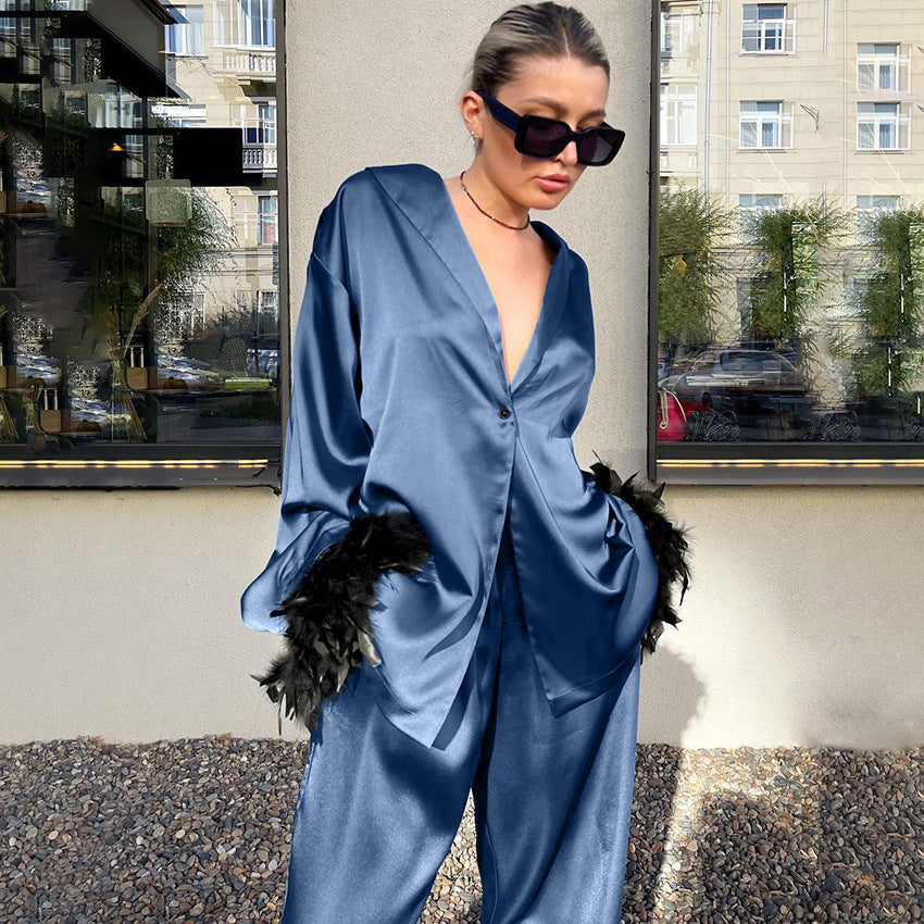 SIXSR 2025 spring satin premium pajamas long-sleeved feather cardigan trousers two-piece set loose loungewear women