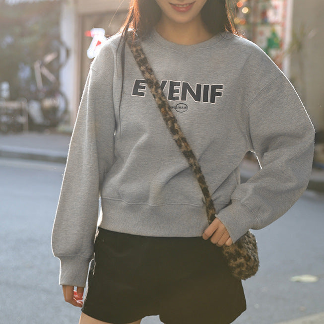 Contrasting color letter printing sweater women's autumn and winter new n retro jumper loose casual crew neck long-sleeved top