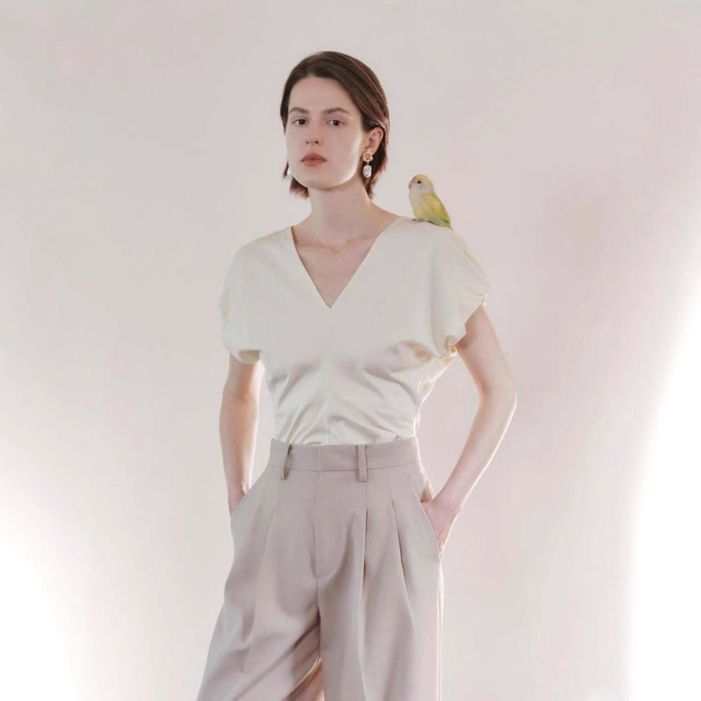 Siyuan, high-definition stand-up cut V-neck handmade bud sleeve T-shirt long-staple cotton women's design short-sleeved top women's 7043