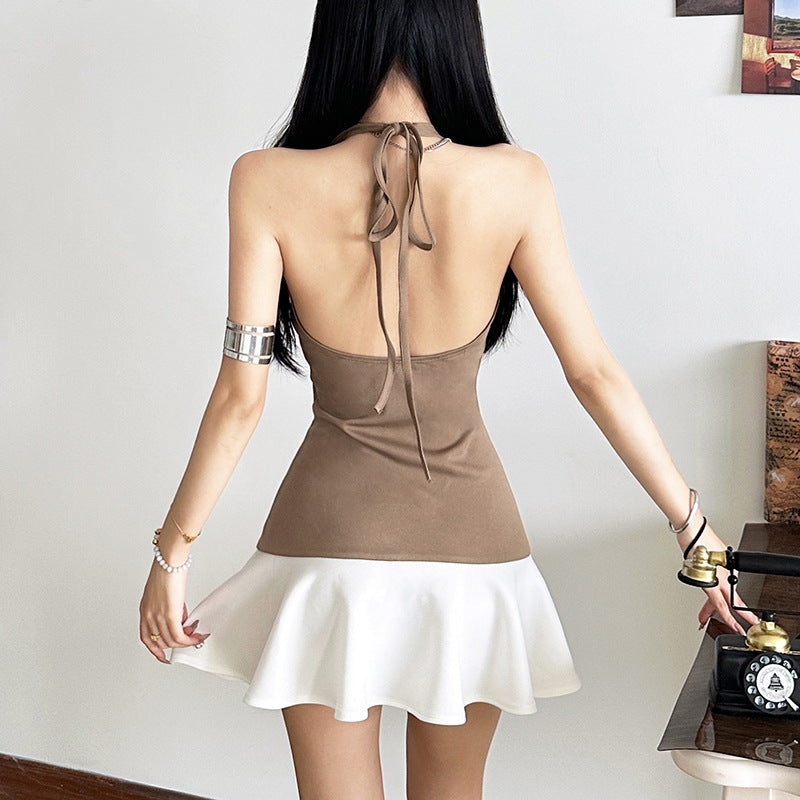 2025 style popular winter new women's clothing contrasting color splicing neck slim ruffle edge letter dress