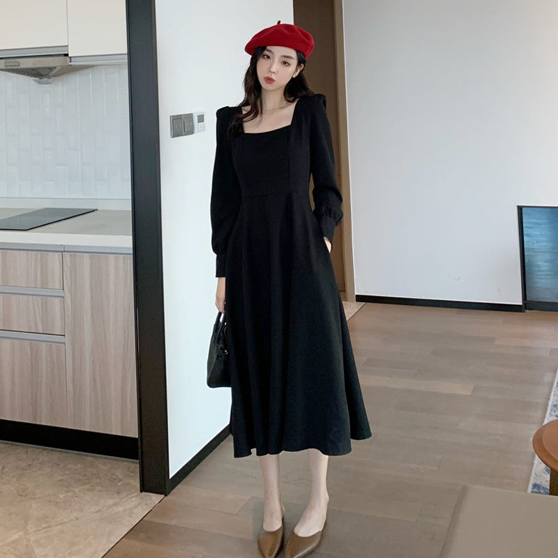 2025 Spring Korean Women's Black Dress Square Neck Retro Hepburn Style Long Dress Long Sleeve Black Dress