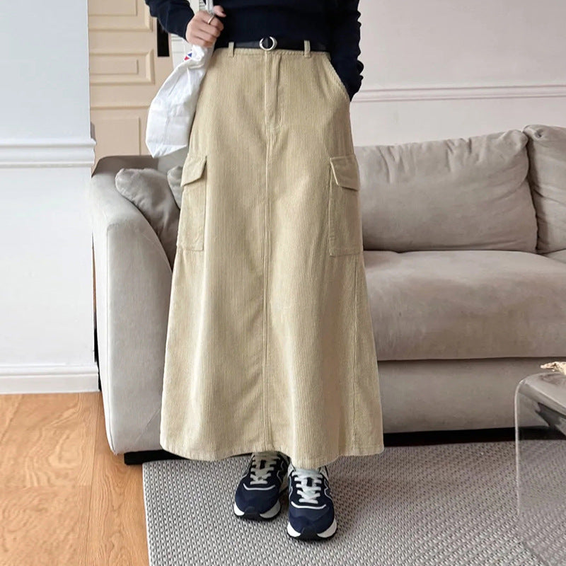 Retro corduroy skirt women's spring new pocket design solid color tooling skirt back split long skirt