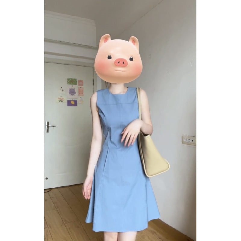 2025 summer new waist round neck dress women's commuting simple temperament slim and thin casual skirt