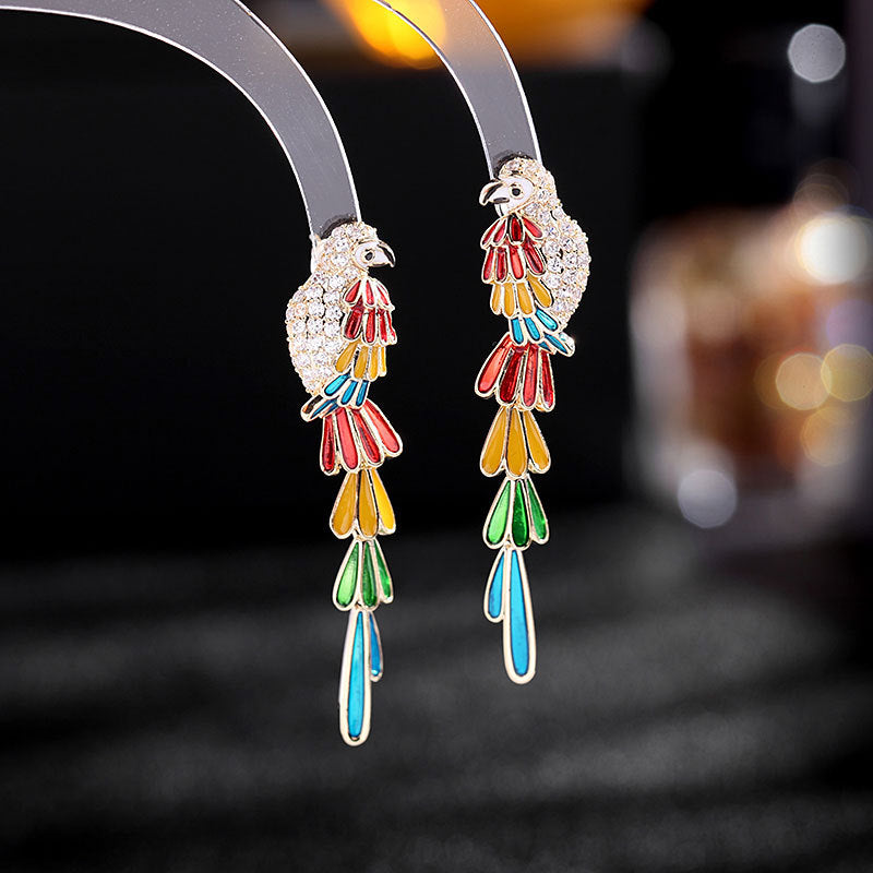2025 Bohemian ethnic style earrings temperament personality design sense bird long color feathers oil dripping parrot earrings