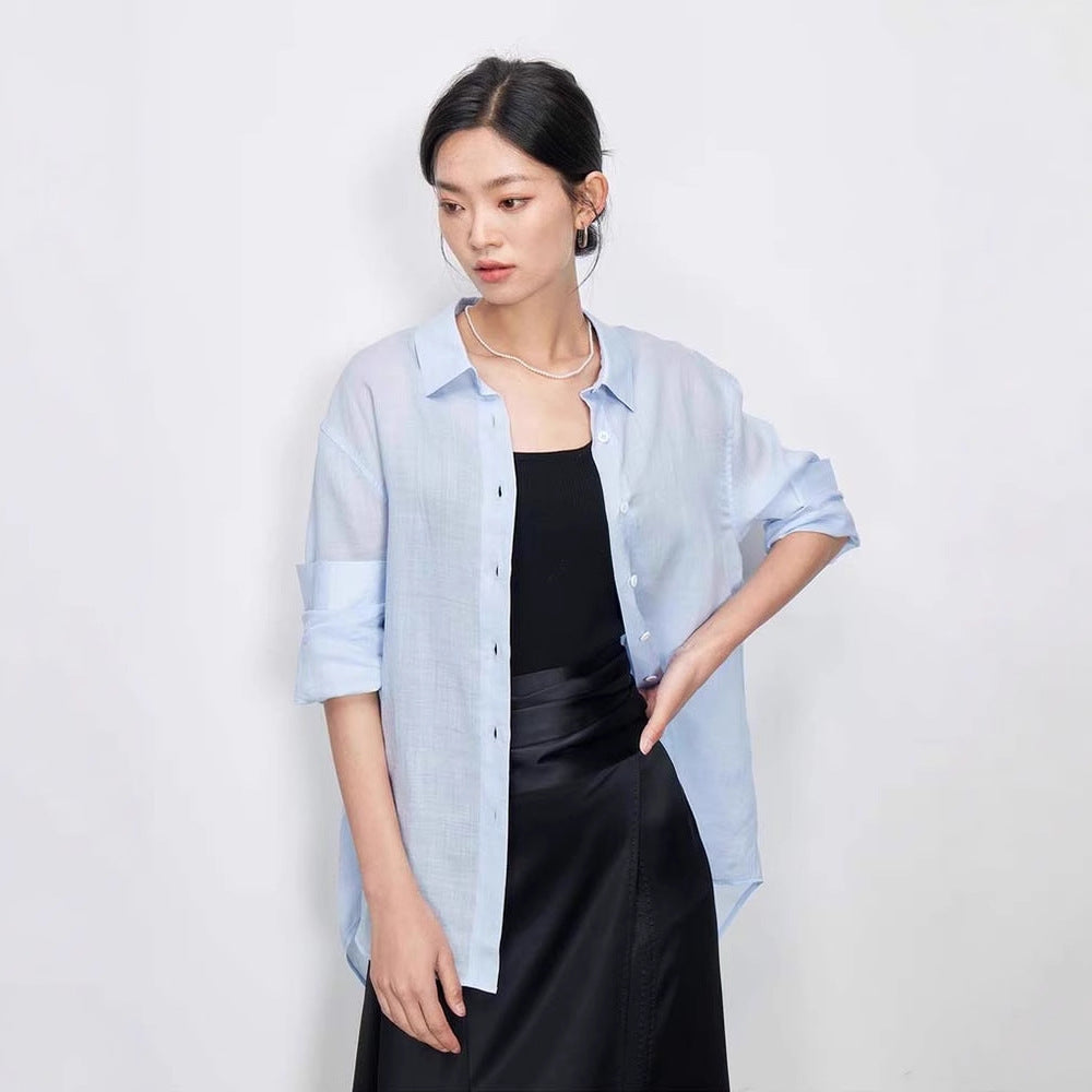 Siyuan advanced sense perspective light ramie shirt women's spring and summer simple solid color loose sunscreen long-sleeved top 7852