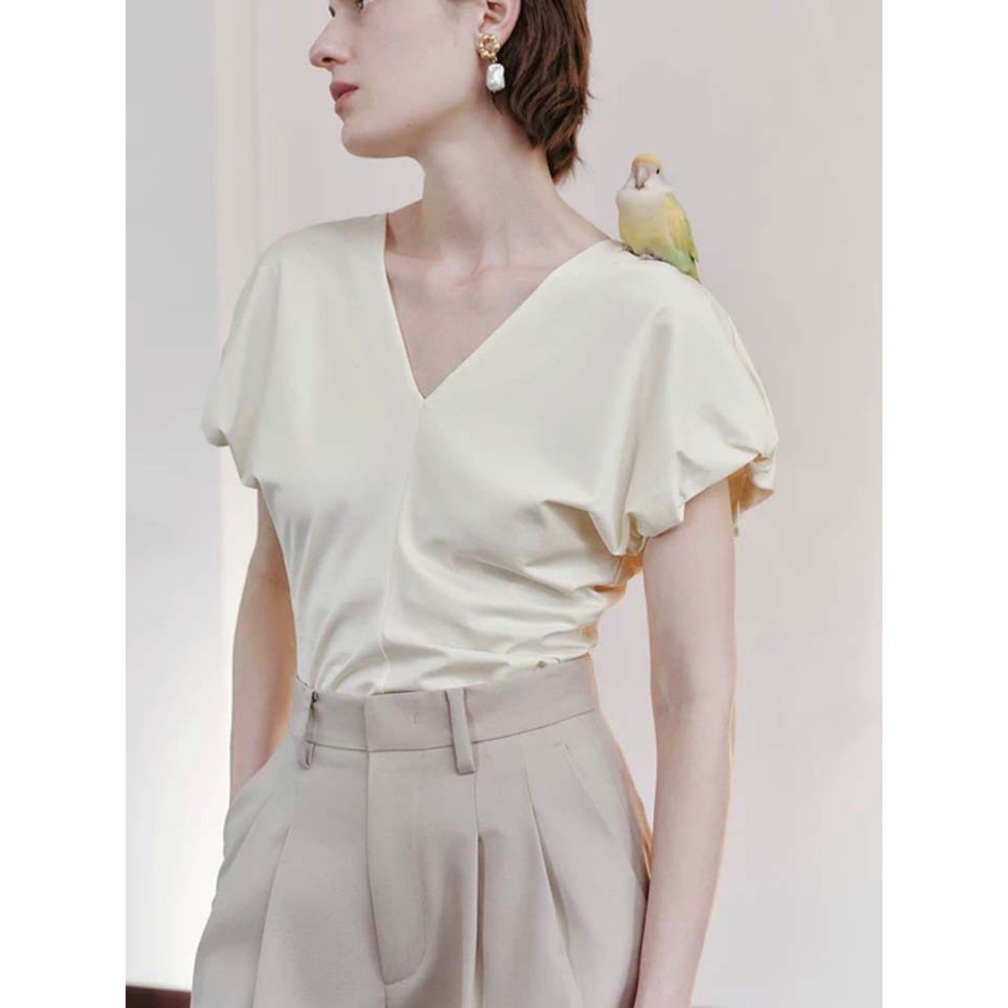 Siyuan, high-definition stand-up cut V-neck handmade bud sleeve T-shirt long-staple cotton women's design short-sleeved top women's 7043