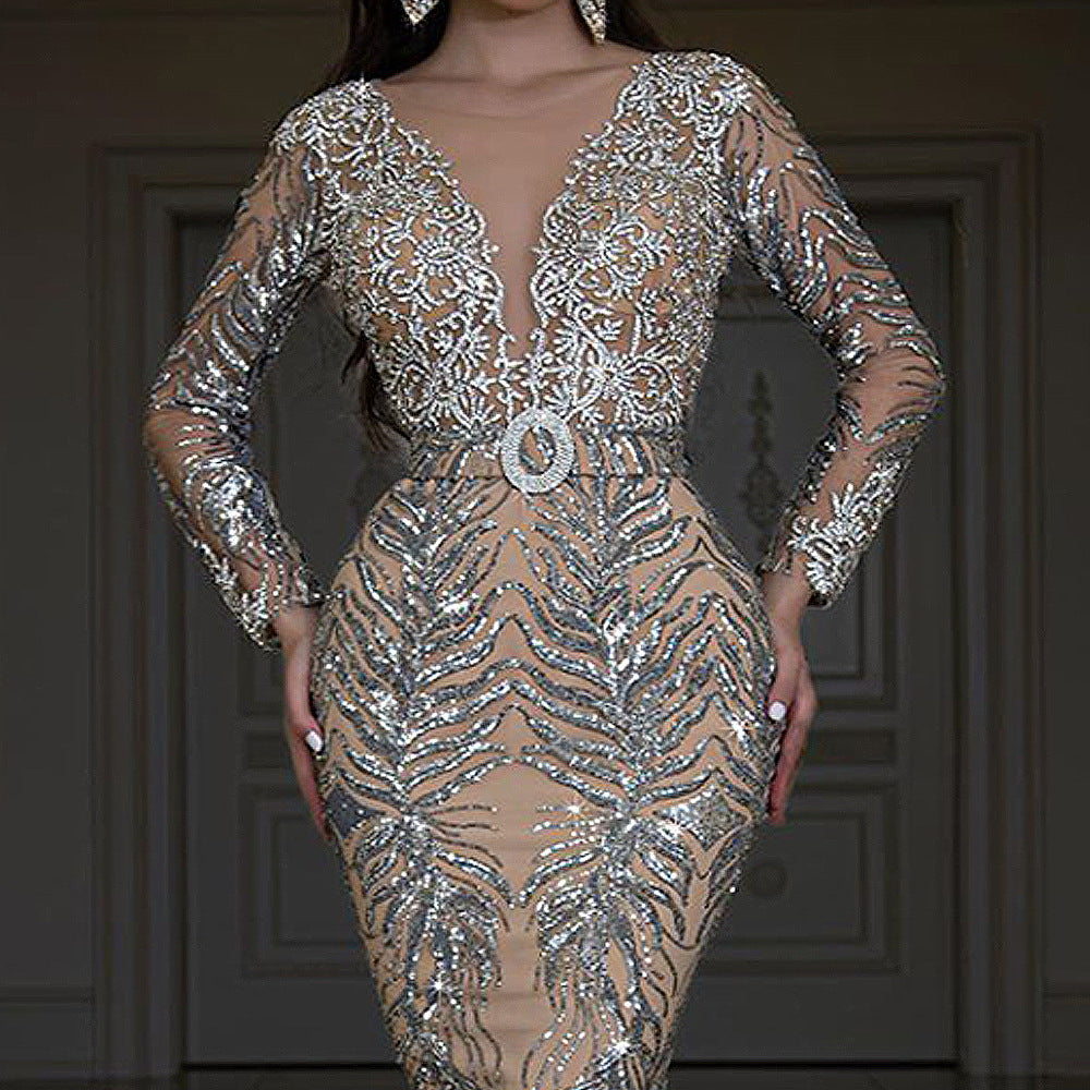 new women's New dress bronzing long-sleeved slim-fitting sexy fishtail mopping evening dress