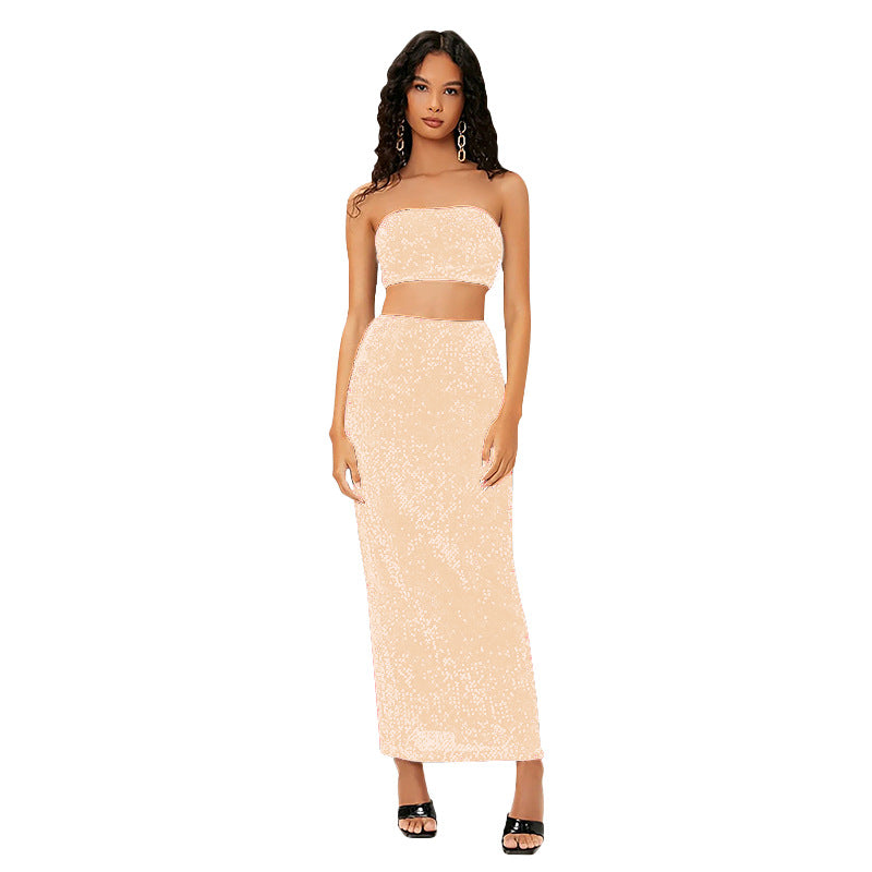 SIXSR 2025 Spice Girls Suit Women's Clothing Tube Top Sequin Suit Skirt Split Fork Fashion Light Ripe Two-piece Suit Women's Wholesale