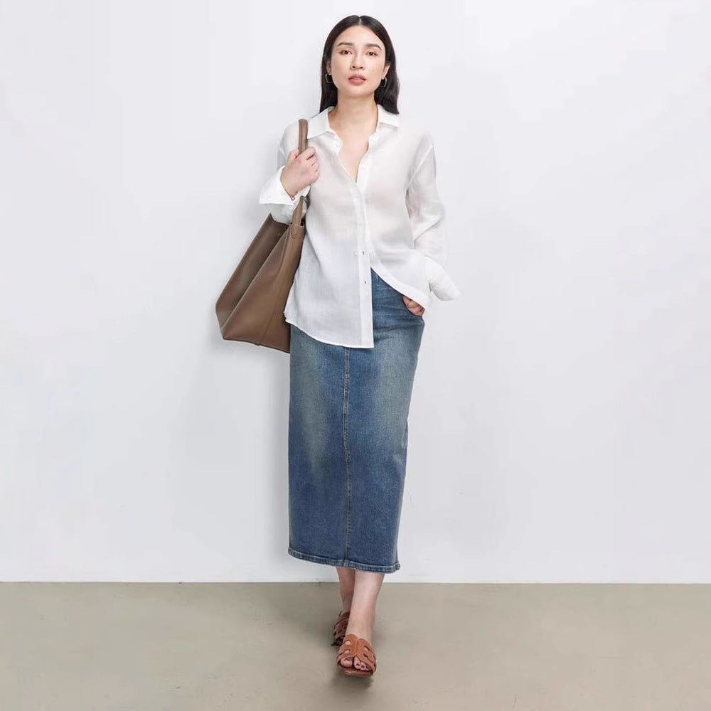 Siyuan advanced sense perspective light ramie shirt women's spring and summer simple solid color loose sunscreen long-sleeved top 7852