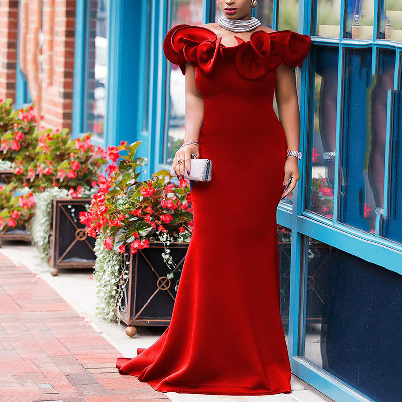Popular trade large-size women's clothing wrapped body one-word shoulder long dress bridesmaids light dress banquet small dress women