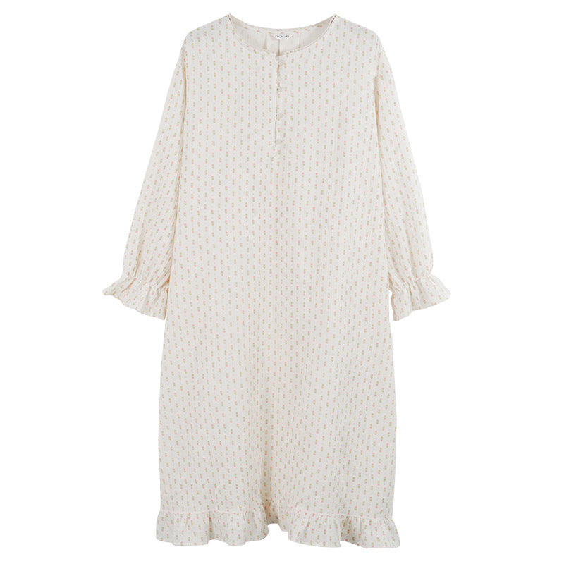 Pure cotton ruffle edge nightdress design sense lace lace splicing neckline sweet long dress lazy style long sleeve loungewear
