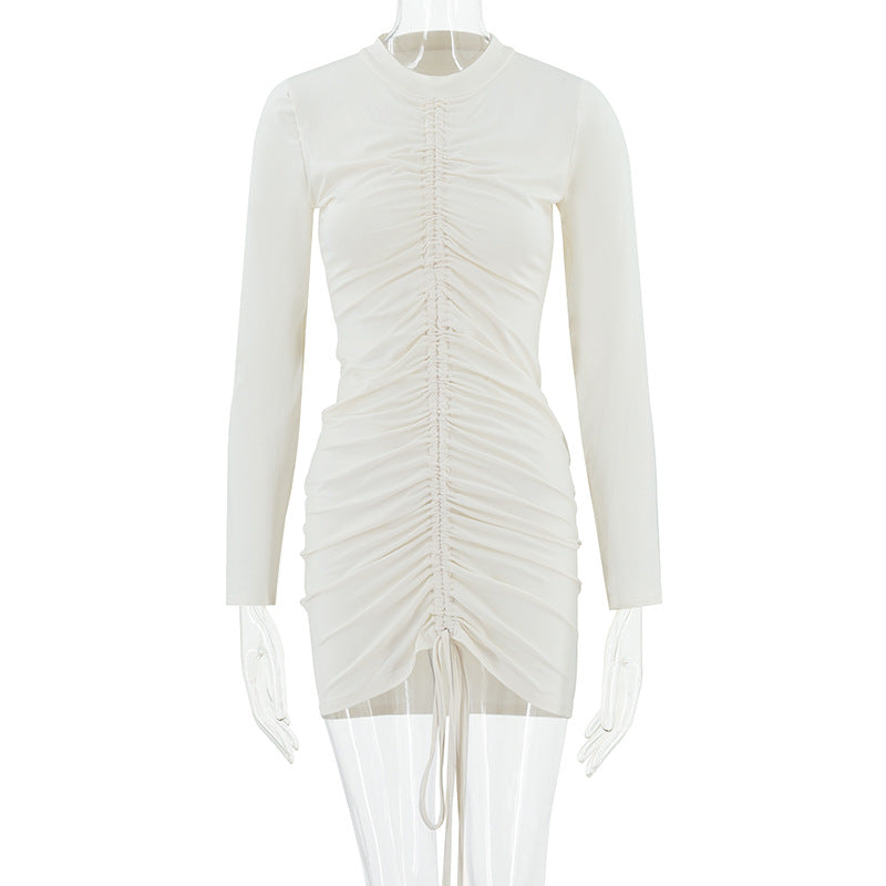 VZYZV 2025 popular autumn new stand-up collar pleated long-sleeved pleated solid color short dress Popular trade wholesale women's clothing