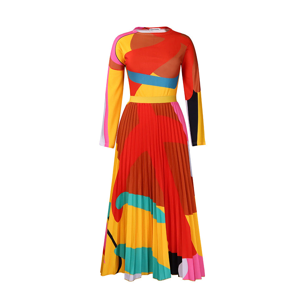 SIXSR D420 autumn pleated print contrasting suit long-sleeved top fashion skirt 2025 two-piece set