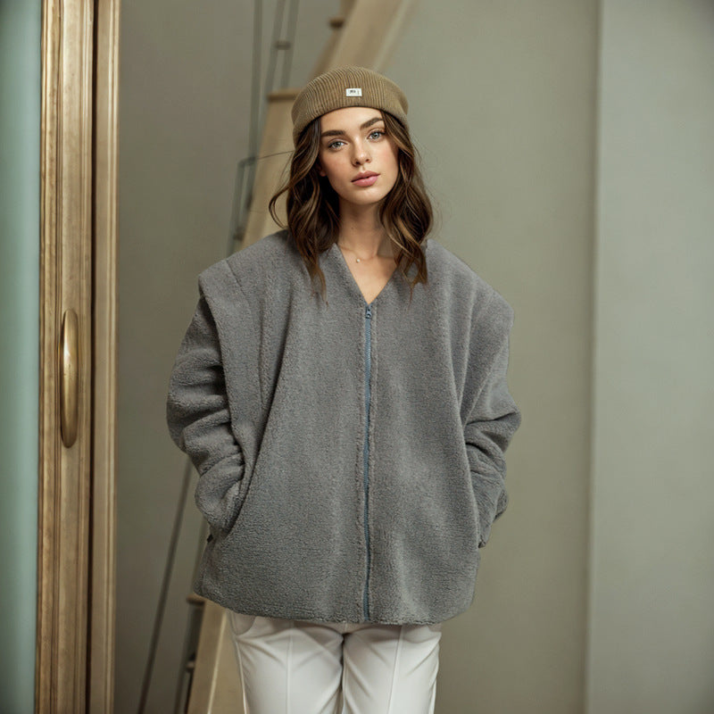 SIXSR D24TP430 2025 women's clothing autumn and winter new solid color casual round neck zipper splicing long sleeve lamb wool jacket women