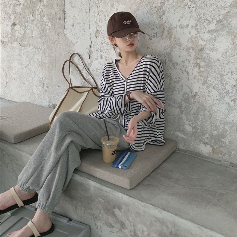spring new striped knitted sweater, cotton and linen top v-neck air-conditioning sunscreen shirt versatile lazy long-sleeved cardigan
