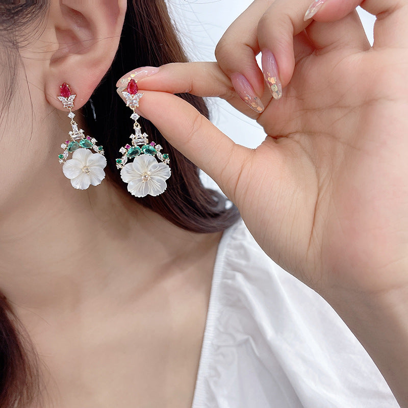2025 Natural shell earrings long sweet temperament colored zirconium Korean fashion S925 silver needle white mother shell flower earrings