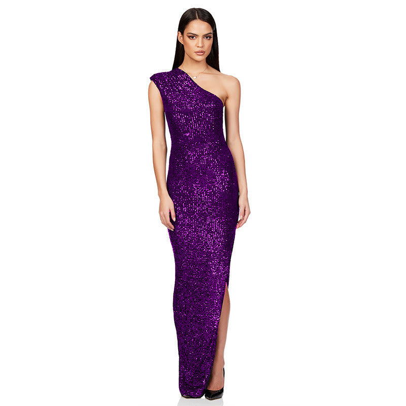 SIXSR 2025 Skirt summer women's clothing INS sleeveless one-shoulder split sequined long dress 2025 temperament dress women's wholesale
