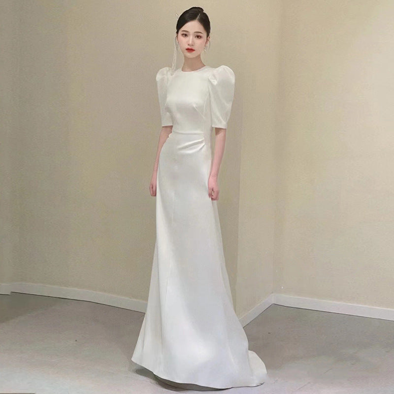 court style light wedding dress temperament Hepburn style simple satin door yarn fishtail welcome dress skirt small man