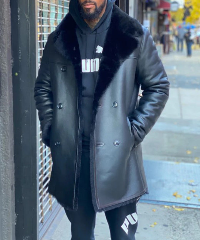 2025 independent station wish New black big fur collar medium and long men's leather jacket 6568