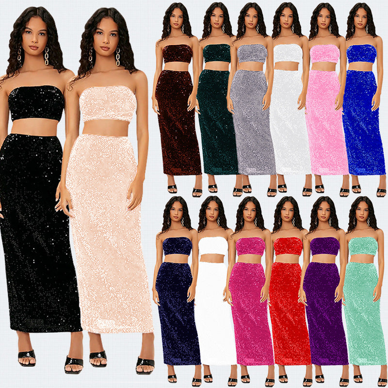 SIXSR 2025 Spice Girls Suit Women's Clothing Tube Top Sequin Suit Skirt Split Fork Fashion Light Ripe Two-piece Suit Women's Wholesale