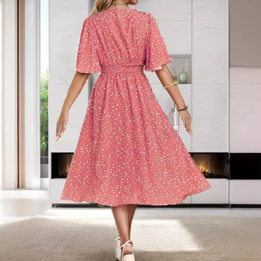 popular 2025 New Popular trade women's clothing independent station polka dot printing V-neck short-sleeved dress