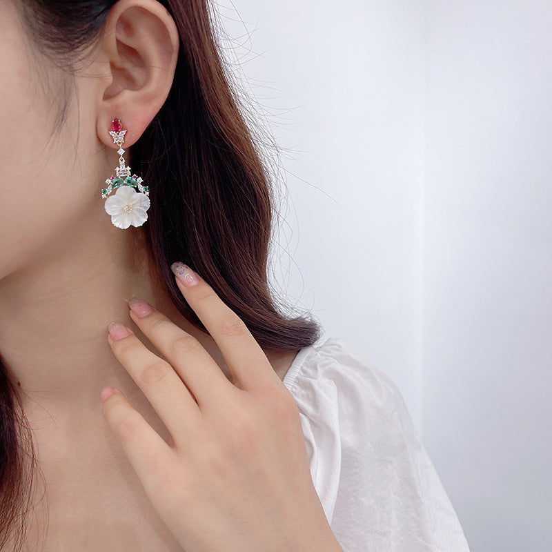 2025 Natural shell earrings long sweet temperament colored zirconium Korean fashion S925 silver needle white mother shell flower earrings