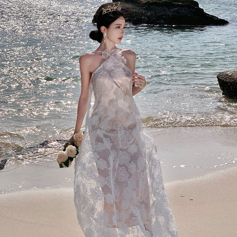 2025 Niche light wedding dress morning gown bride birthday engagement dress small white dress seaside vacation white neck dress