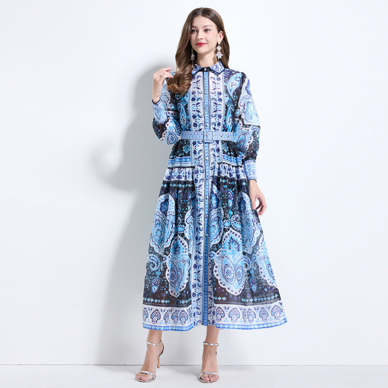 Popular, , Express, New printed dress, women's waist and thin temperament pleated pendulum holiday dress