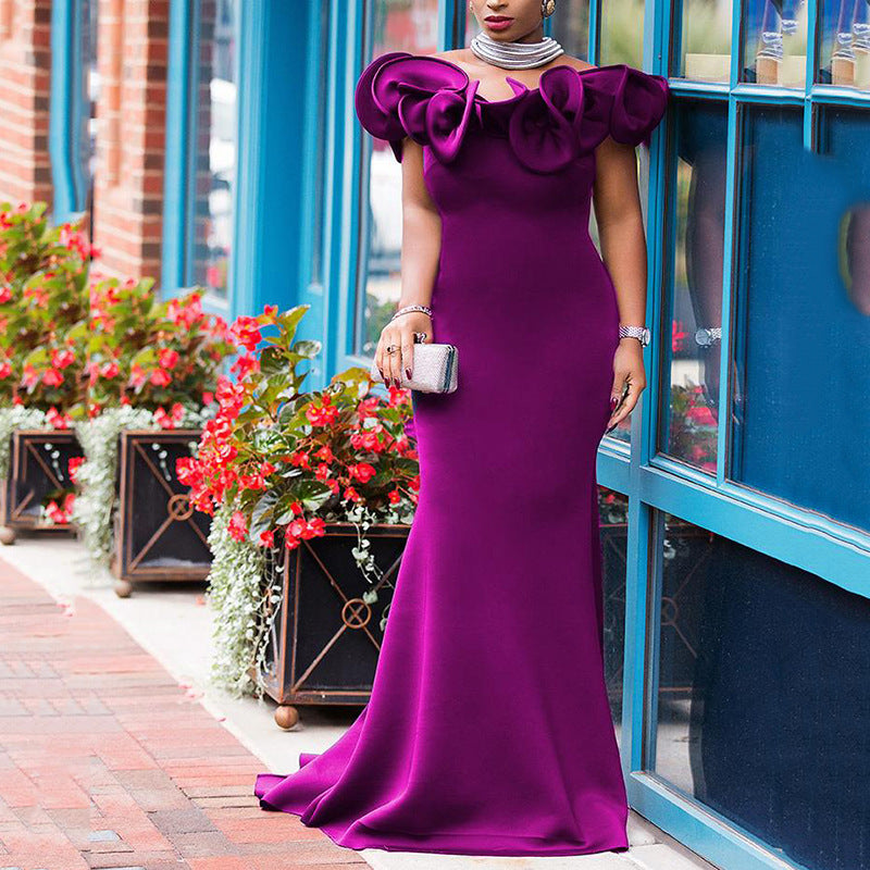 Popular trade large-size women's clothing wrapped body one-word shoulder long dress bridesmaids light dress banquet small dress women